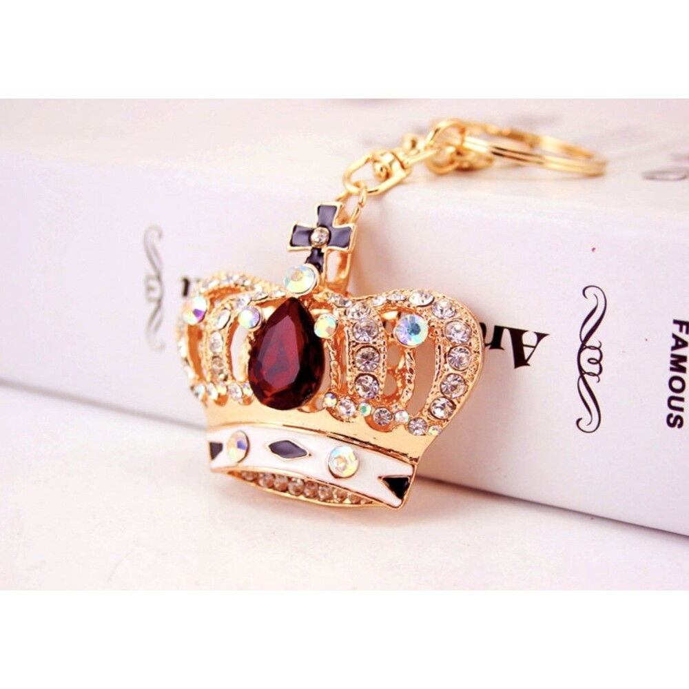 Red Crystal Rhinestone Crown Cross Purse Bag Charm Keychain Gold Tone Luxe NEW